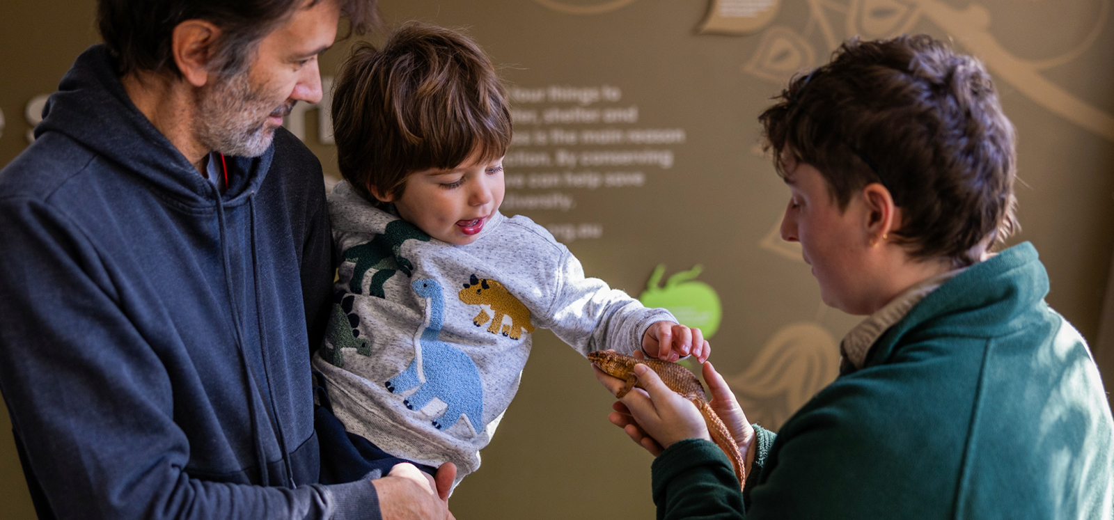 Young boy smiling while touching a lizard during the Mini Beasts experience.